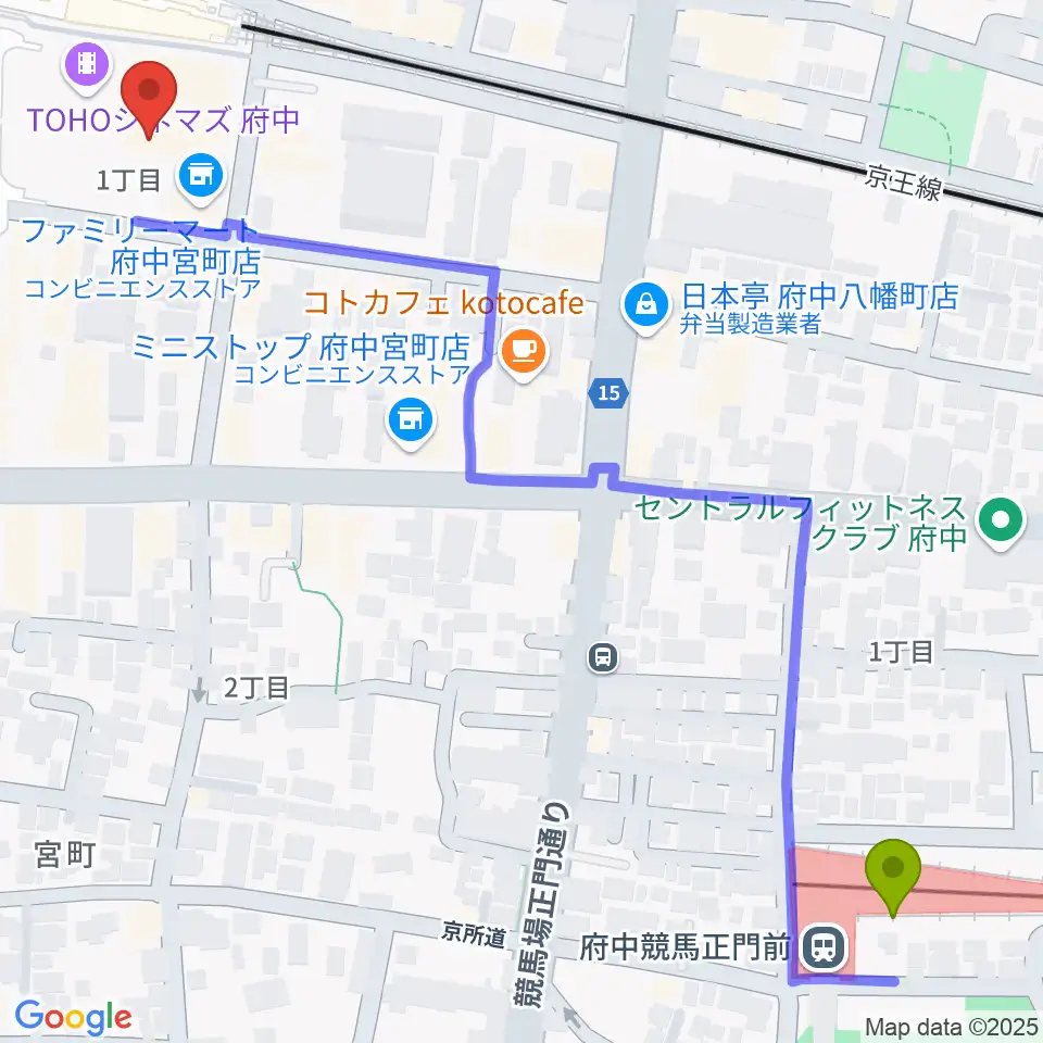 府中競馬正門前駅からTOHOシネマズ府中へのルートマップ地図