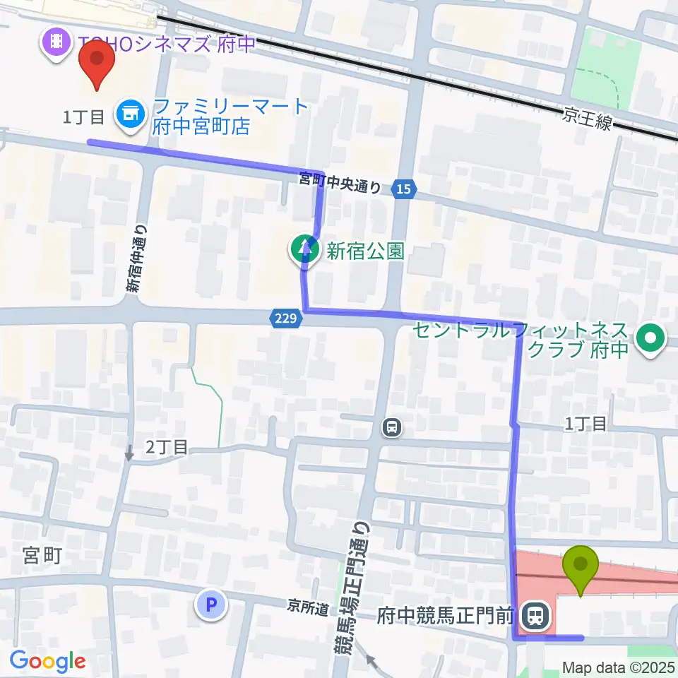 府中競馬正門前駅からTOHOシネマズ府中へのルートマップ地図
