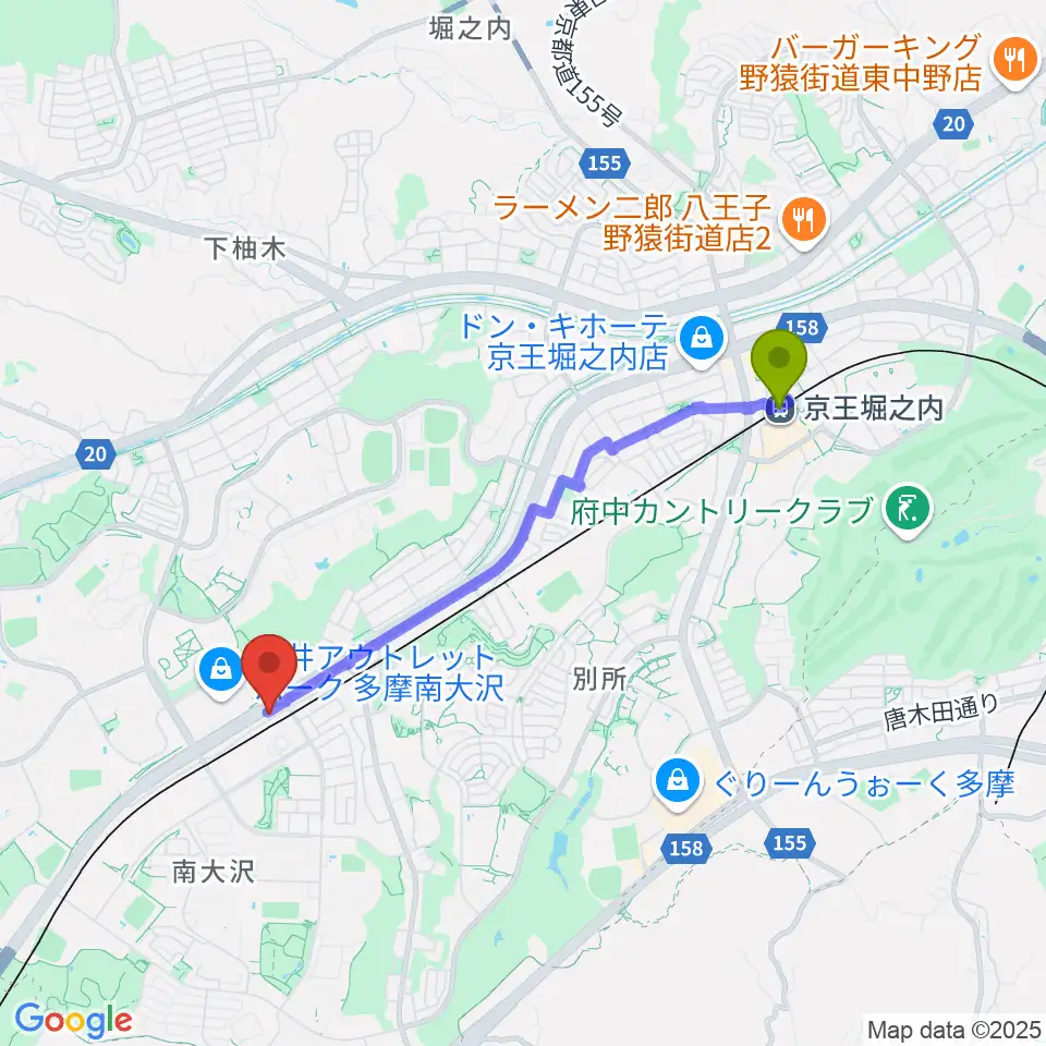 京王堀之内駅からTOHOシネマズ南大沢へのルートマップ地図