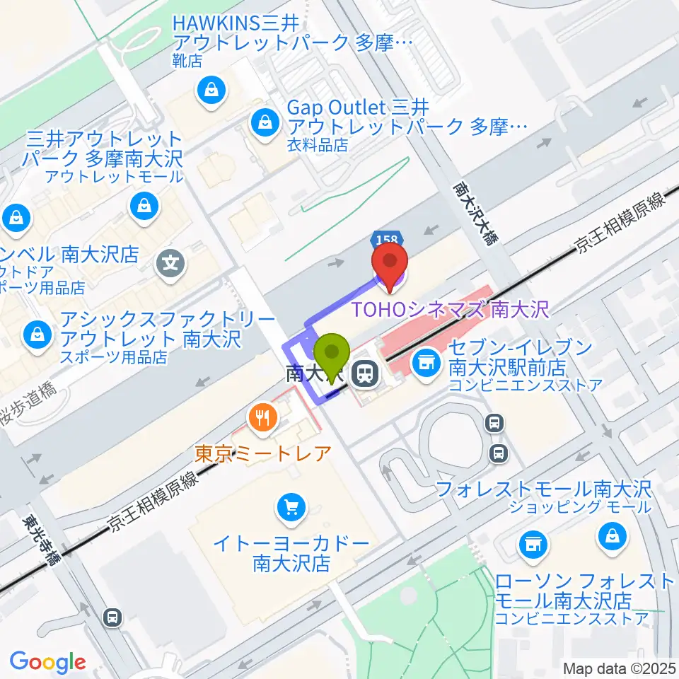 TOHOシネマズ南大沢の最寄駅南大沢駅からの徒歩ルート（約1分）地図