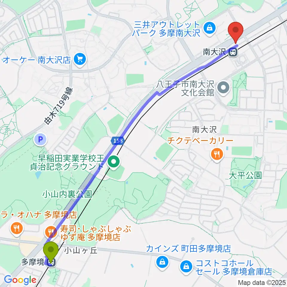 多摩境駅からTOHOシネマズ南大沢へのルートマップ地図