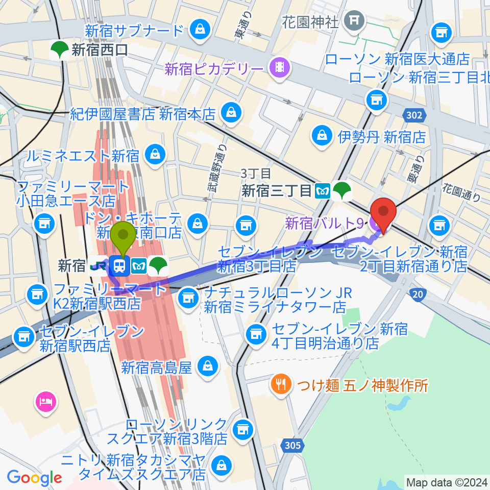 新宿駅から新宿バルト9へのルートマップ地図