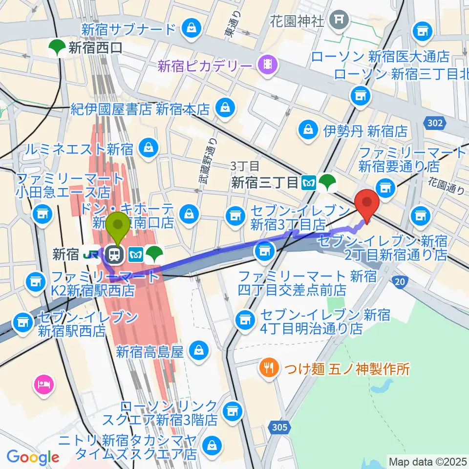 新宿駅から新宿バルト9へのルートマップ地図