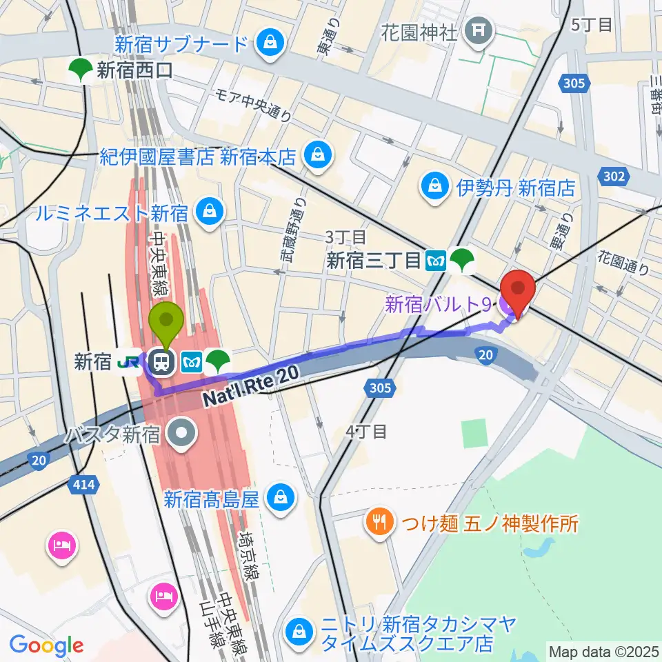 新宿駅から新宿バルト9へのルートマップ地図