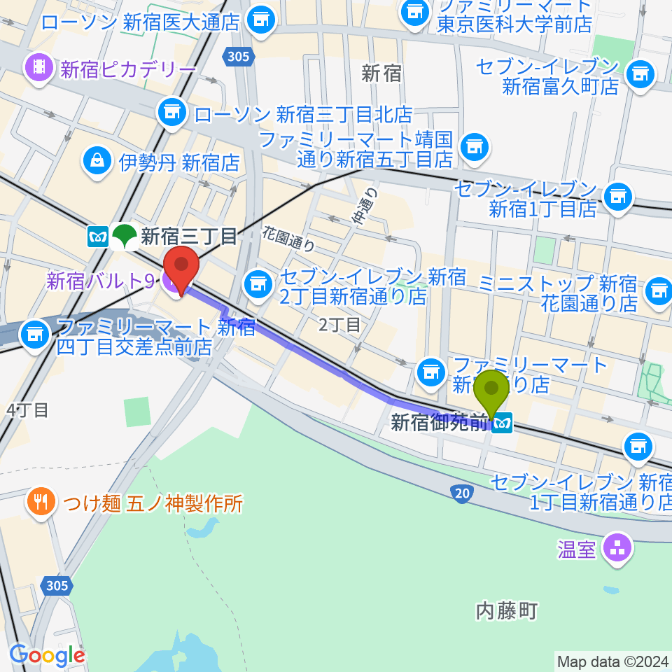 新宿御苑前駅から新宿バルト9へのルートマップ地図