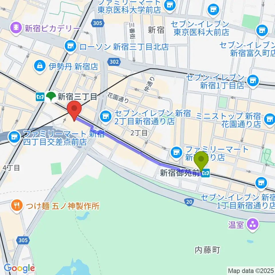 新宿御苑前駅から新宿バルト9へのルートマップ地図