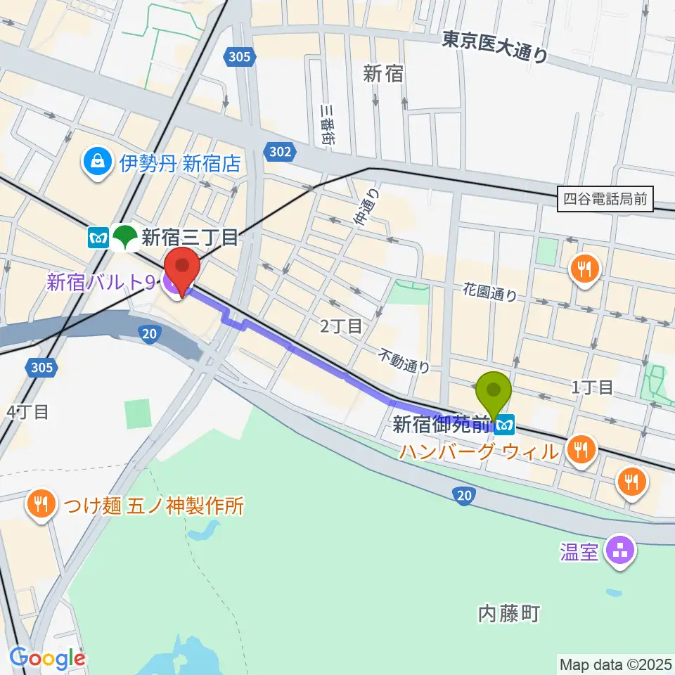 新宿御苑前駅から新宿バルト9へのルートマップ地図
