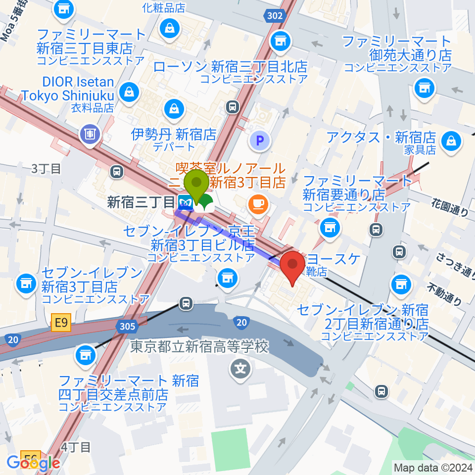 新宿バルト9の最寄駅新宿三丁目駅からの徒歩ルート（約2分）地図