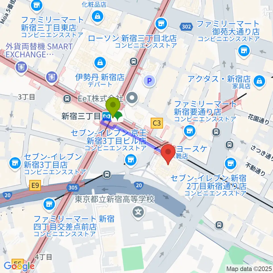 新宿バルト9の最寄駅新宿三丁目駅からの徒歩ルート（約2分）地図