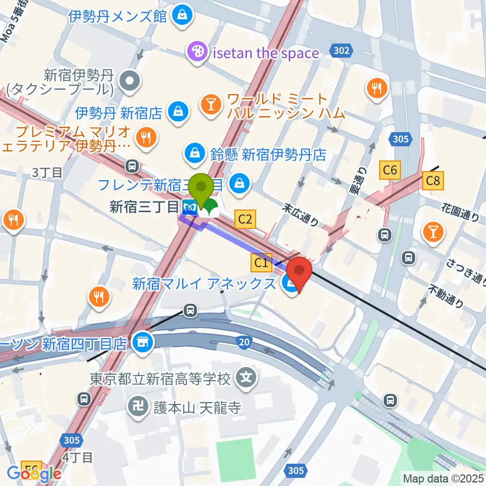 新宿バルト9の最寄駅新宿三丁目駅からの徒歩ルート（約2分）地図