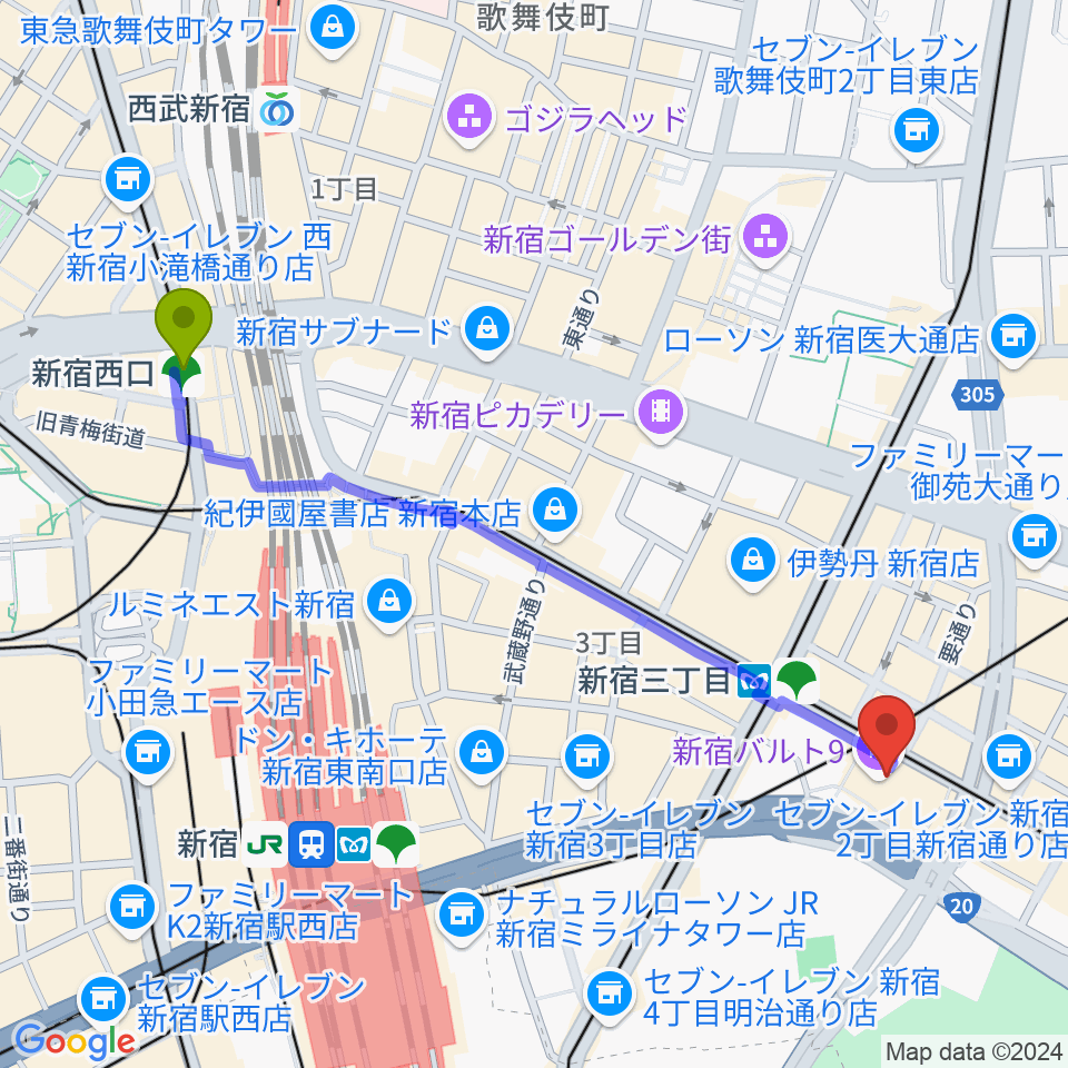 新宿西口駅から新宿バルト9へのルートマップ Mdata