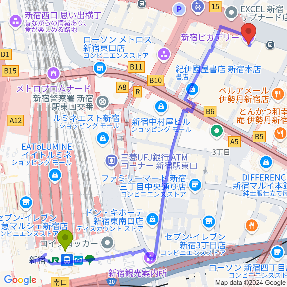 新宿駅から新宿ピカデリーへのルートマップ地図