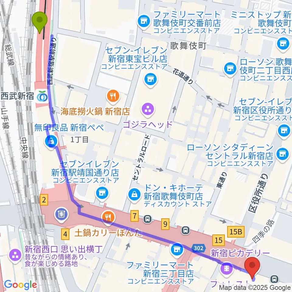 西武新宿駅から新宿ピカデリーへのルートマップ地図