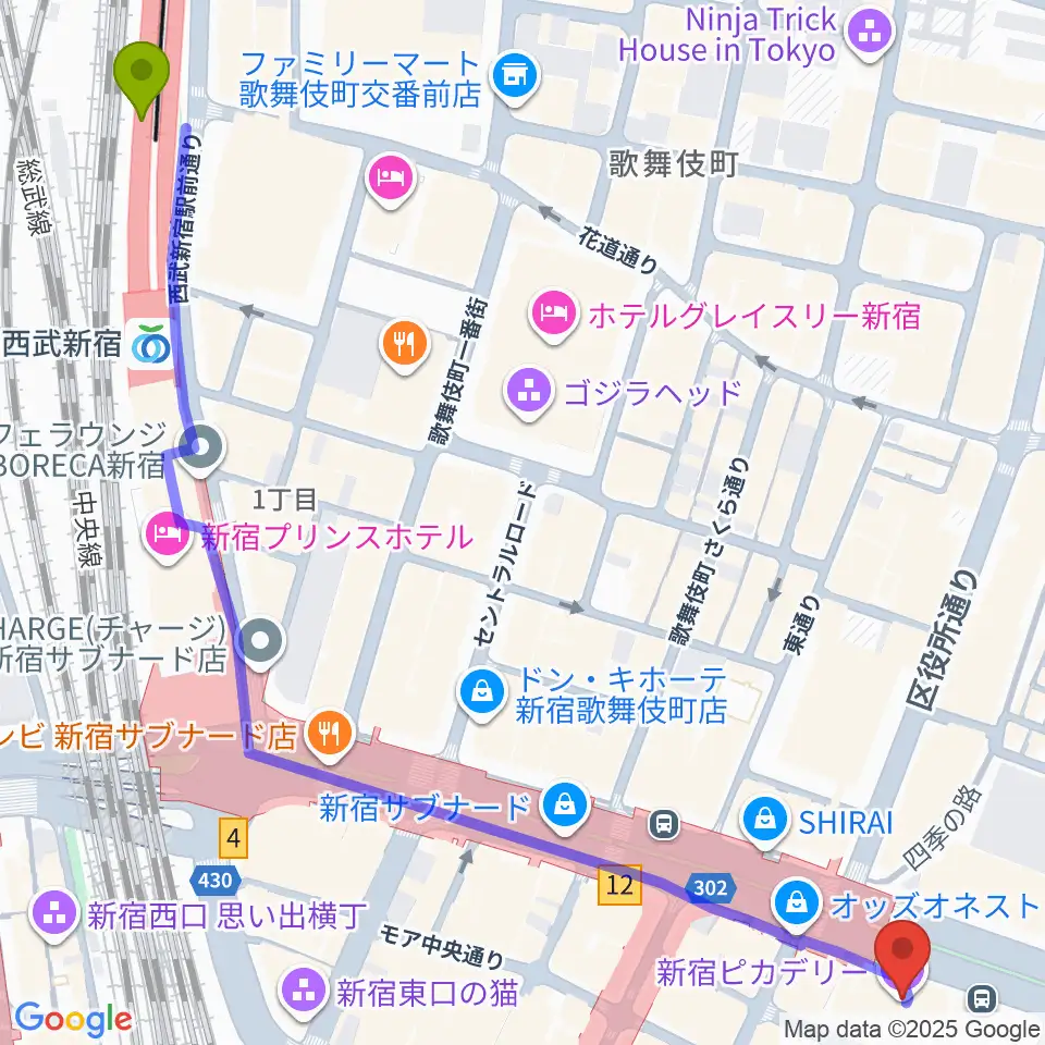 西武新宿駅から新宿ピカデリーへのルートマップ地図