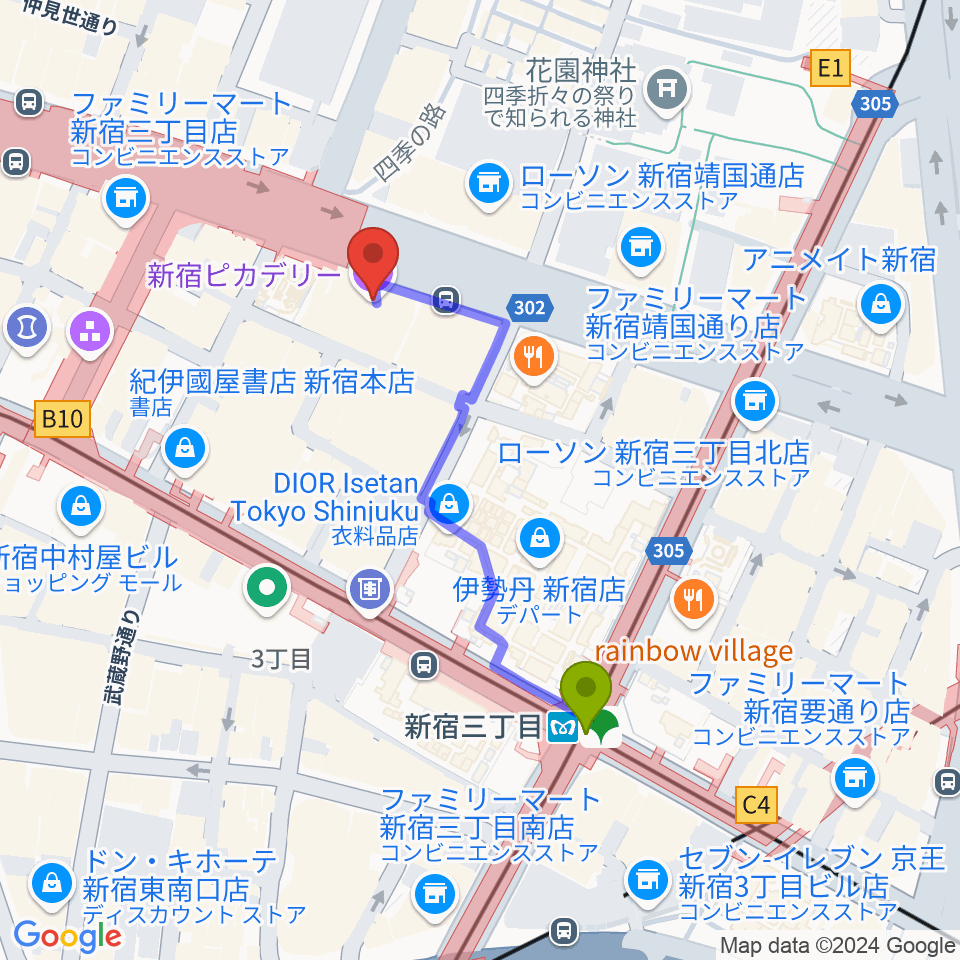 新宿ピカデリーの最寄駅新宿三丁目駅からの徒歩ルート（約4分）地図