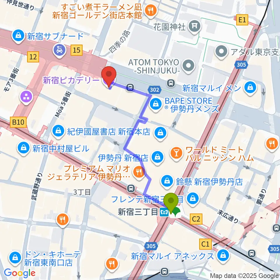 新宿ピカデリーの最寄駅新宿三丁目駅からの徒歩ルート（約4分）地図
