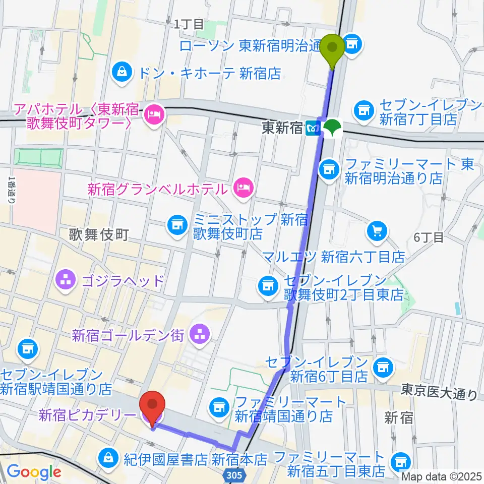 東新宿駅から新宿ピカデリーへのルートマップ地図