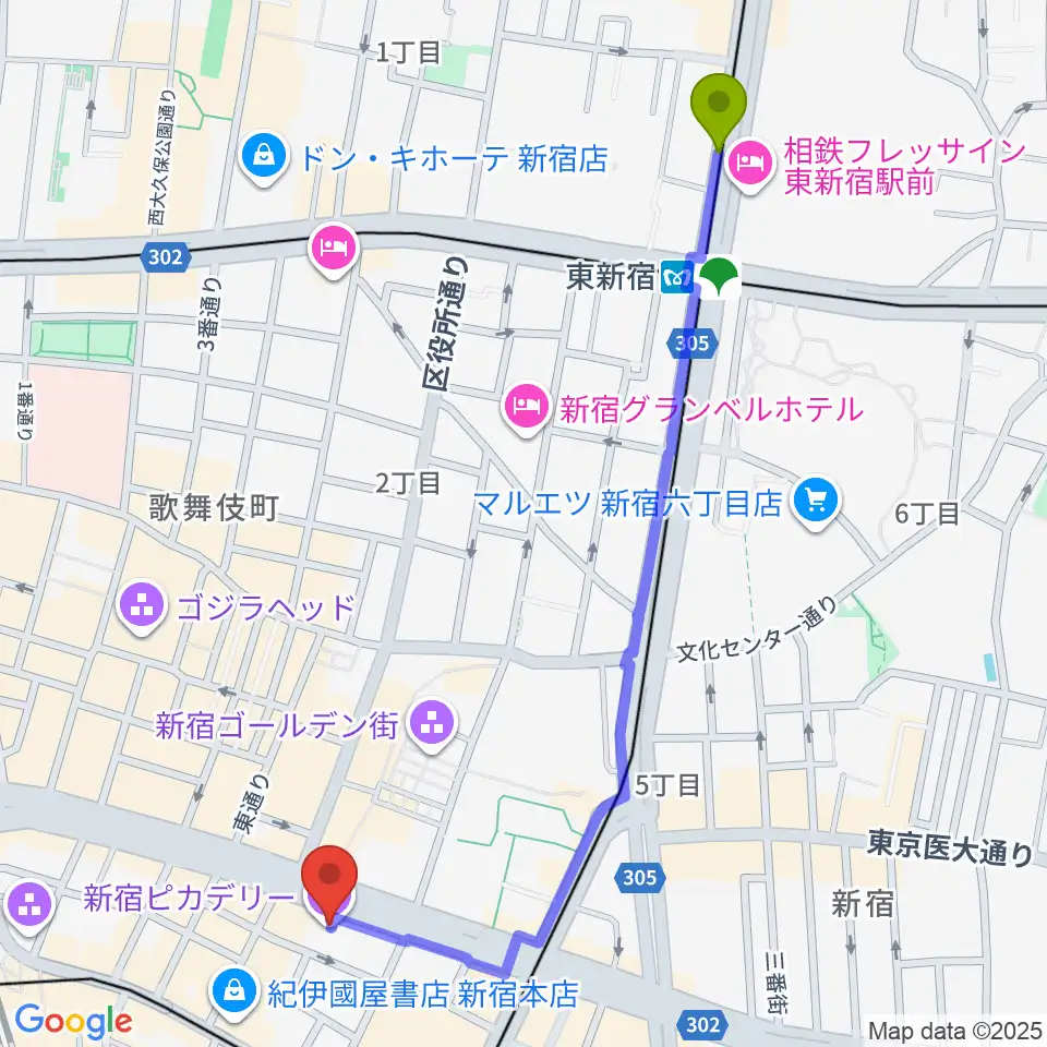 東新宿駅から新宿ピカデリーへのルートマップ地図