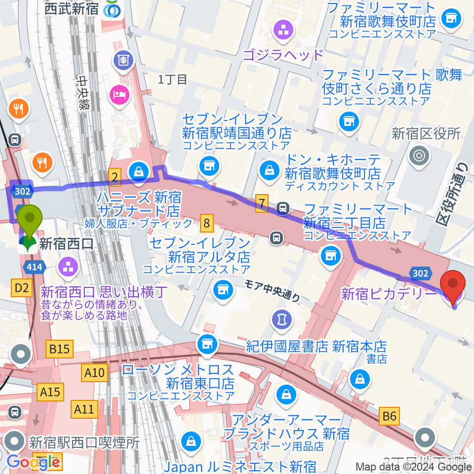 新宿西口駅から新宿ピカデリーへのルートマップ地図