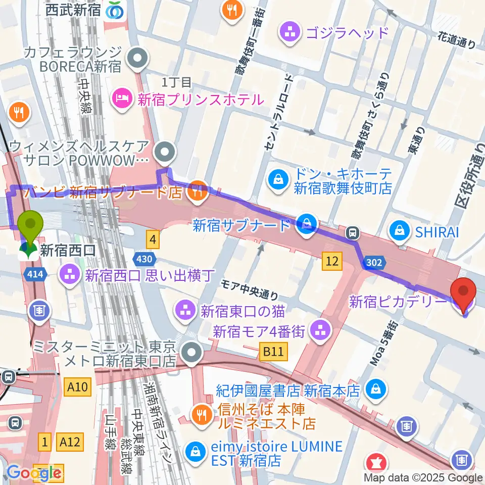 新宿西口駅から新宿ピカデリーへのルートマップ地図