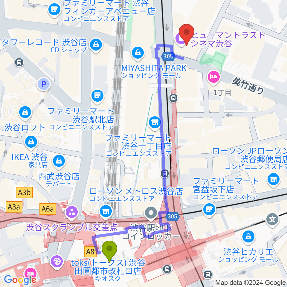 ヒューマントラストシネマ渋谷の最寄駅渋谷駅からの徒歩ルート（約6分）地図