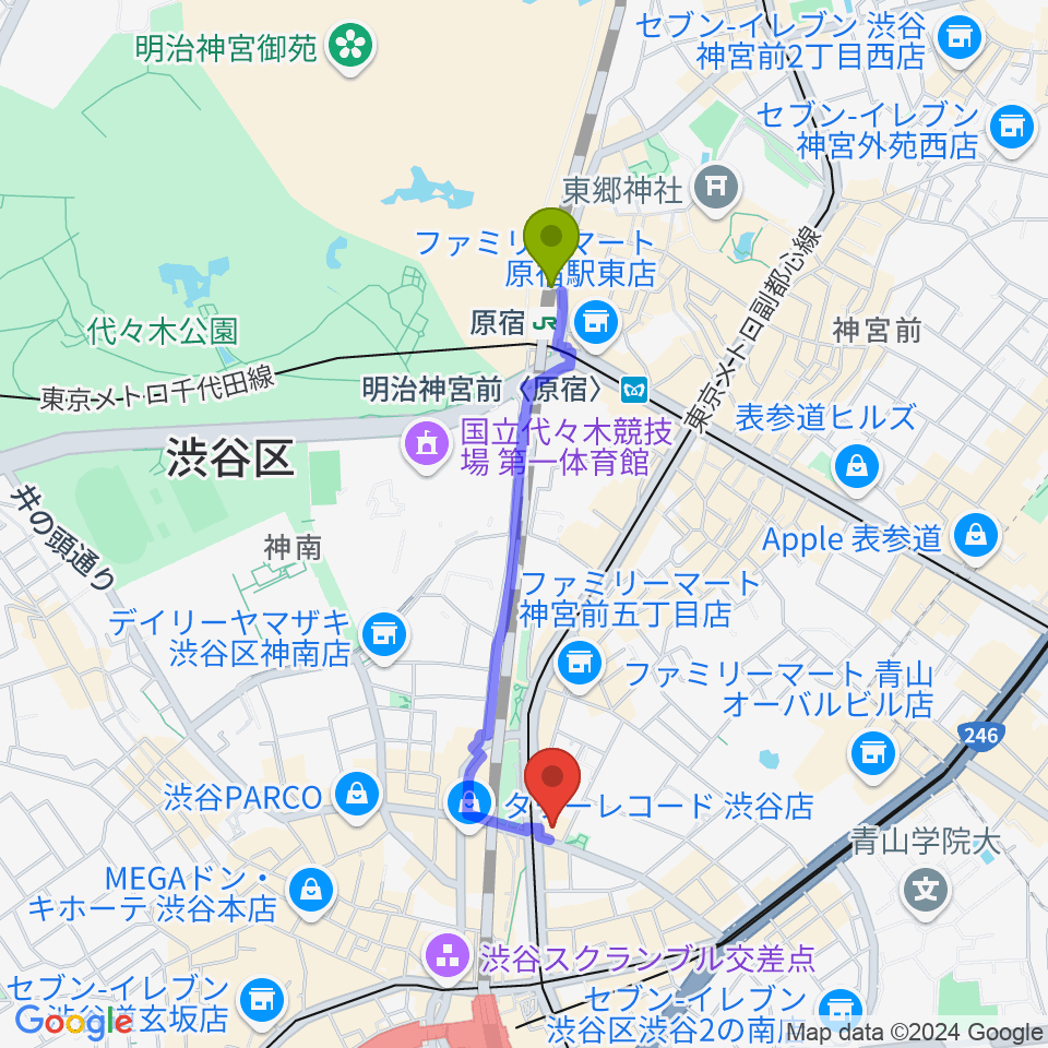 原宿駅からヒューマントラストシネマ渋谷へのルートマップ地図