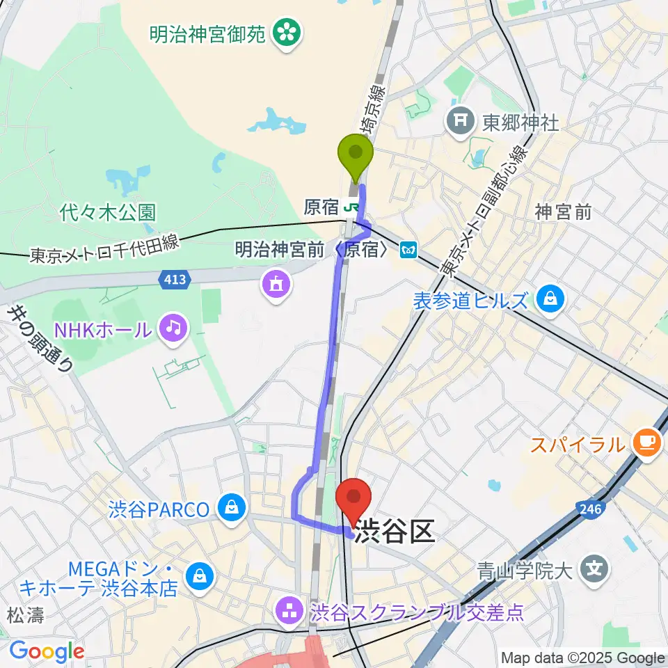 原宿駅からヒューマントラストシネマ渋谷へのルートマップ地図