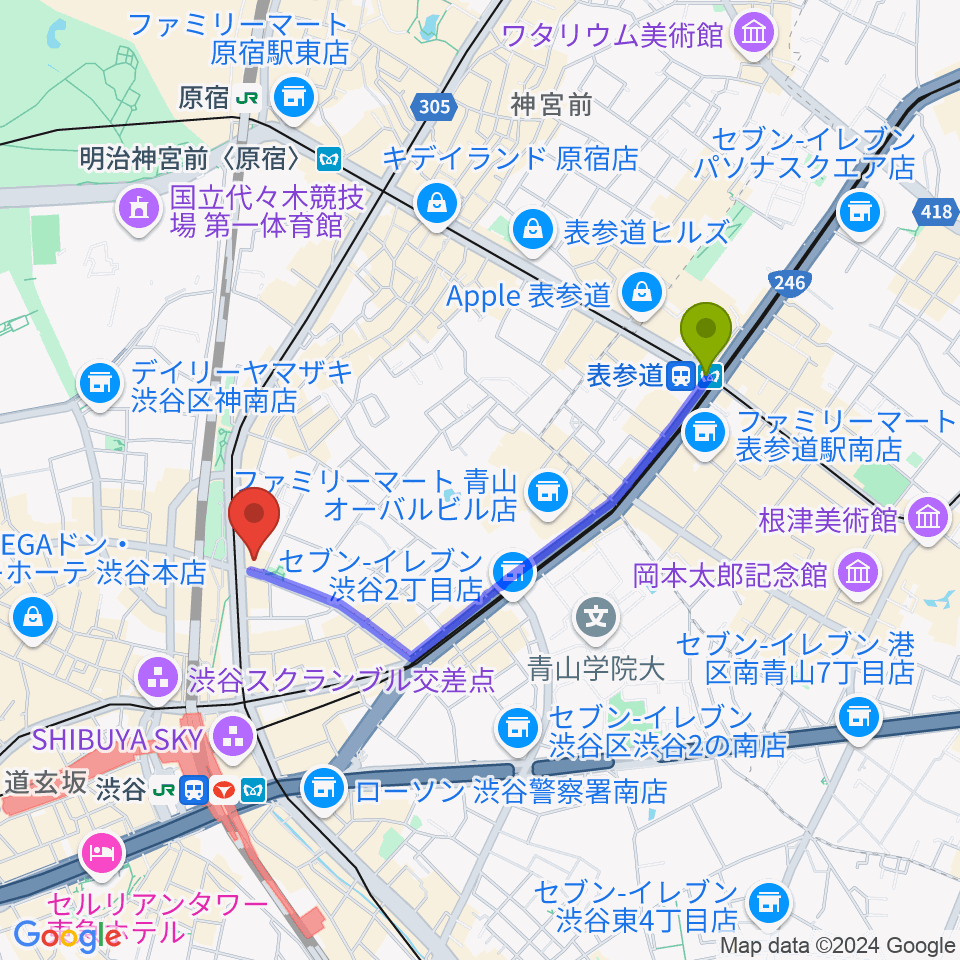 表参道駅からヒューマントラストシネマ渋谷へのルートマップ地図