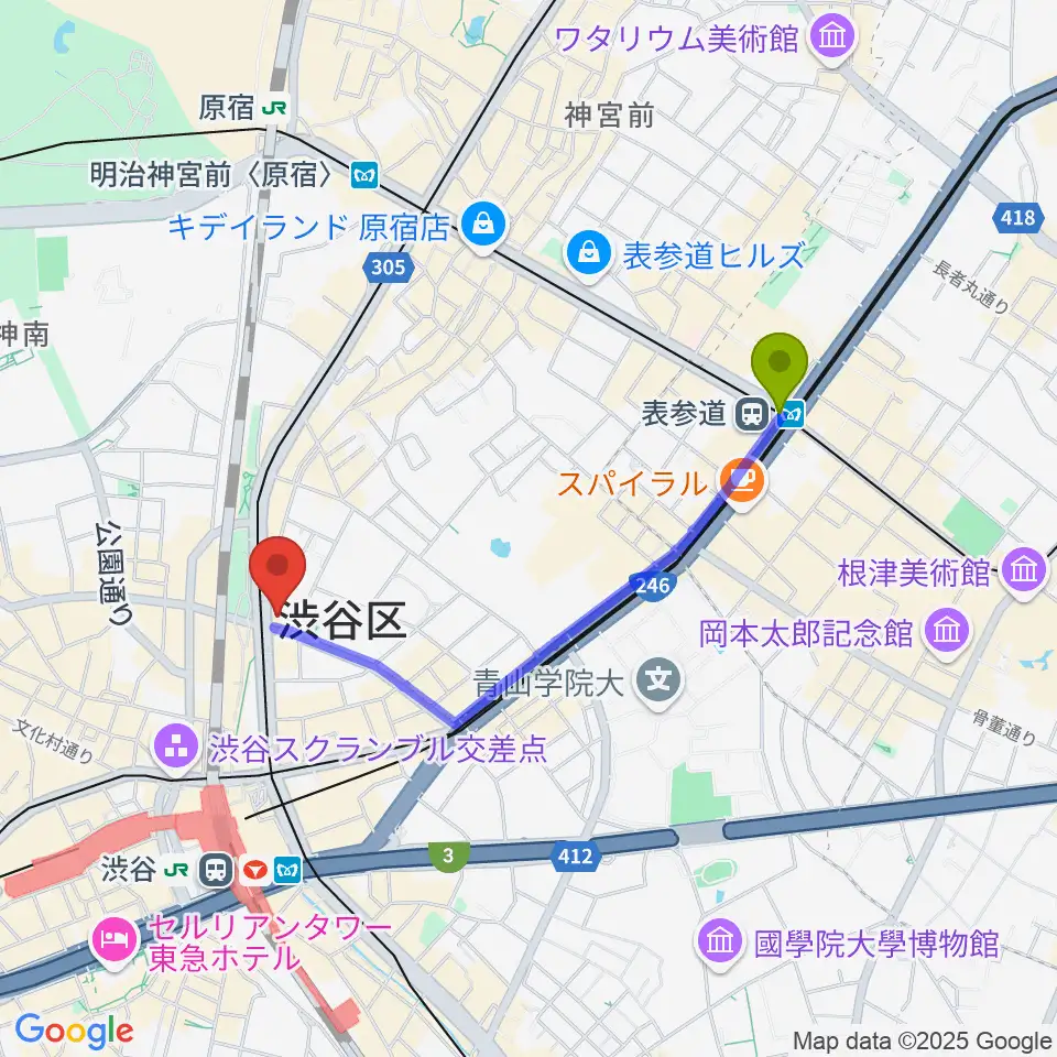 表参道駅からヒューマントラストシネマ渋谷へのルートマップ地図