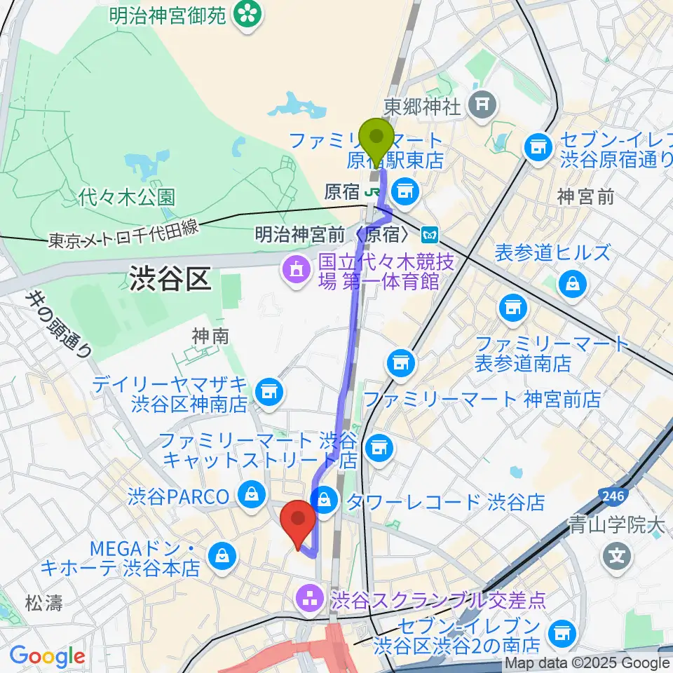 原宿駅から渋谷HUMAXシネマへのルートマップ地図