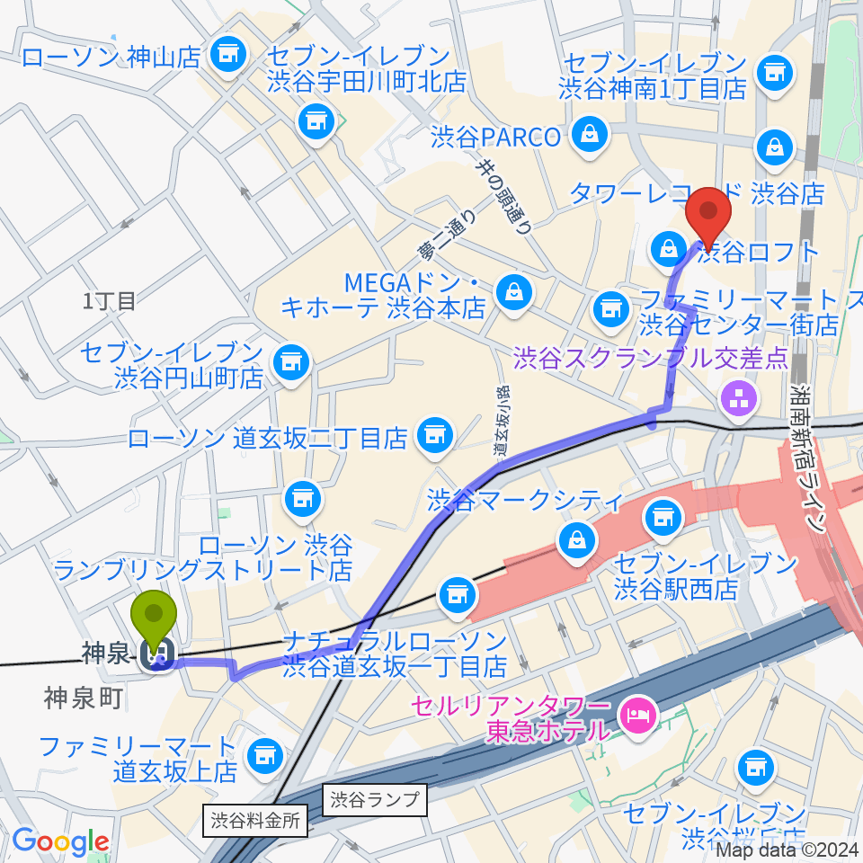 神泉駅から渋谷HUMAXシネマへのルートマップ地図