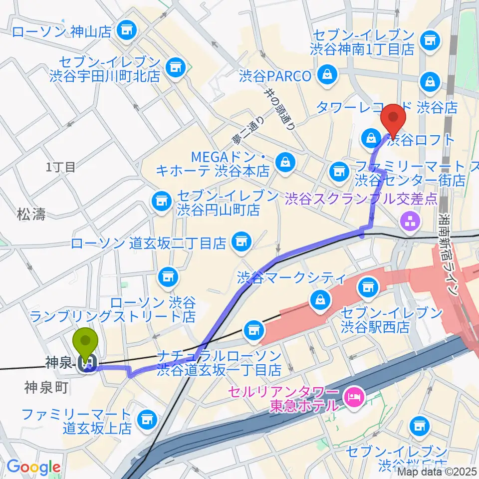 神泉駅から渋谷HUMAXシネマへのルートマップ地図