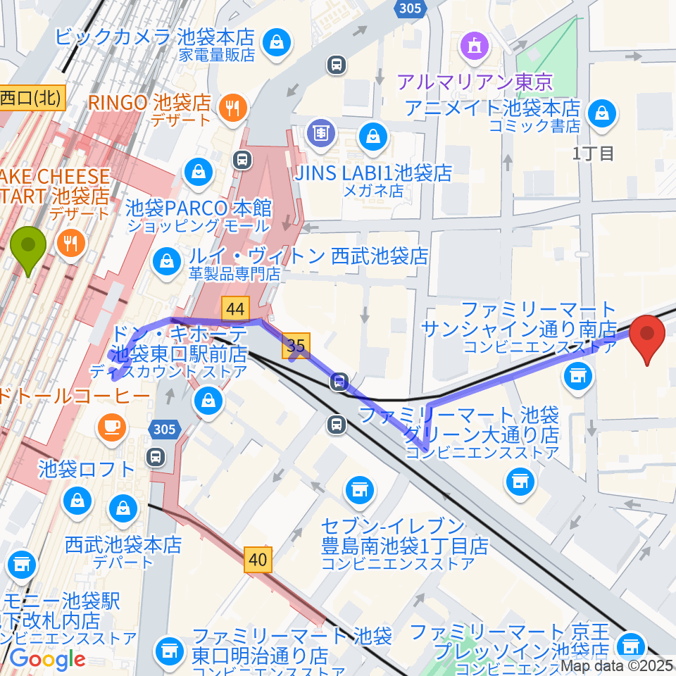 池袋HUMAXシネマズの最寄駅池袋駅からの徒歩ルート（約7分）地図