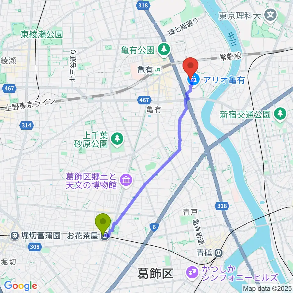 お花茶屋駅からMOVIX亀有へのルートマップ地図