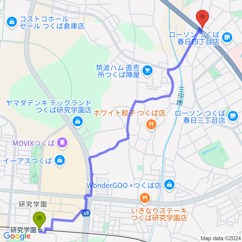 スタジオソングサイクルの最寄駅研究学園駅からの徒歩ルート（約33分）地図