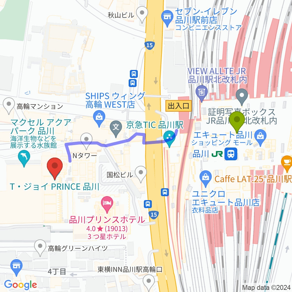 T・ジョイPRINCE品川の最寄駅品川駅からの徒歩ルート（約5分）地図