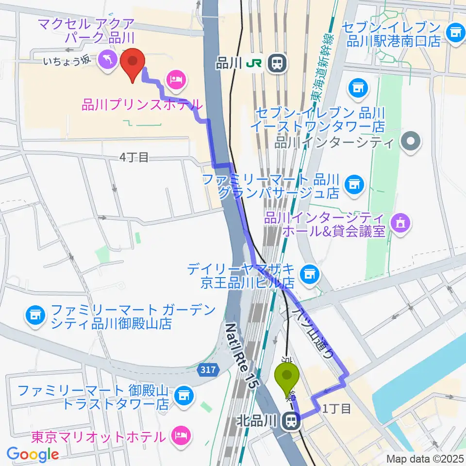 北品川駅からT・ジョイPRINCE品川へのルートマップ地図