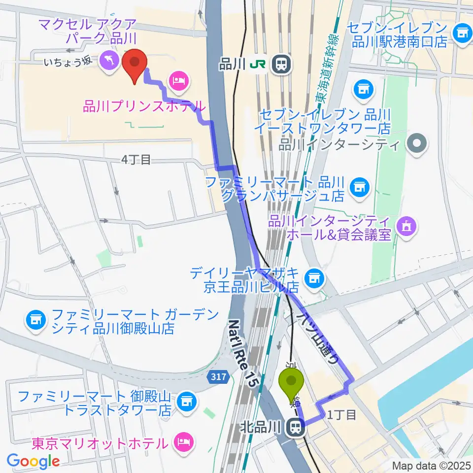 北品川駅からT・ジョイPRINCE品川へのルートマップ地図
