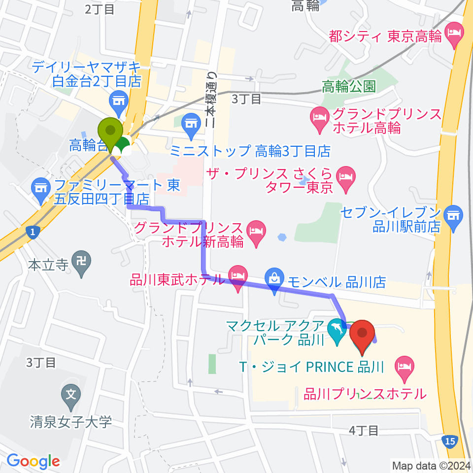 高輪台駅からT・ジョイPRINCE品川へのルートマップ地図