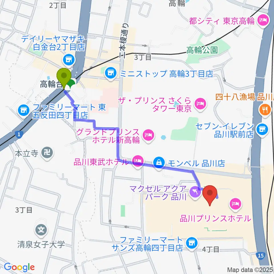 高輪台駅からT・ジョイPRINCE品川へのルートマップ地図