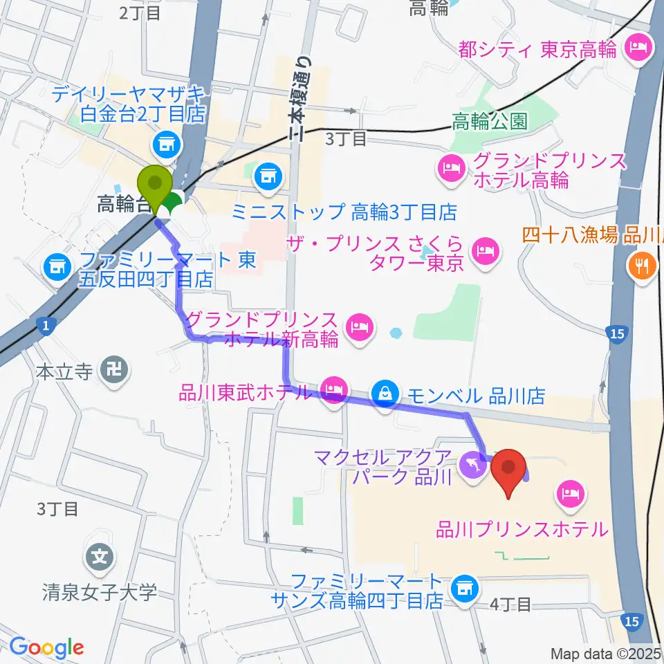 高輪台駅からT・ジョイPRINCE品川へのルートマップ地図