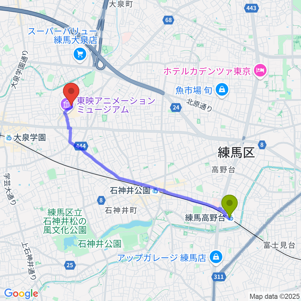 練馬高野台駅からT・ジョイSEIBU大泉へのルートマップ地図