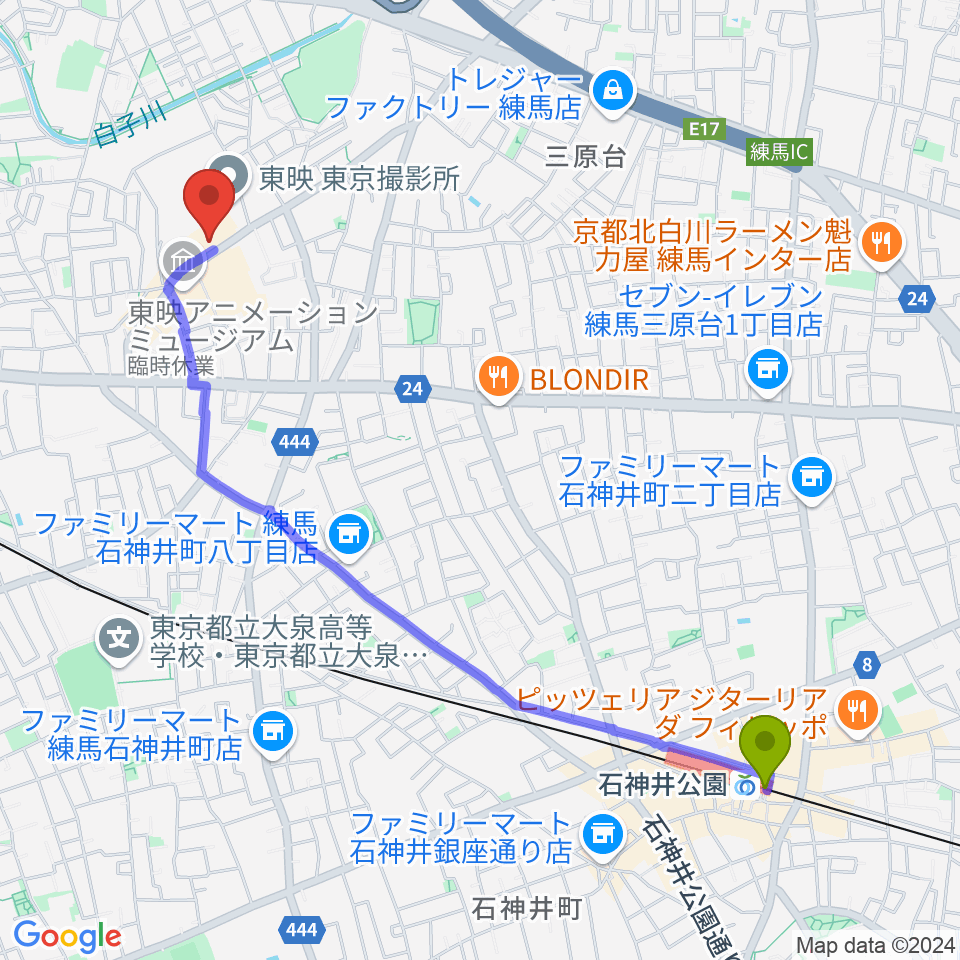 石神井公園駅からT・ジョイSEIBU大泉へのルートマップ地図