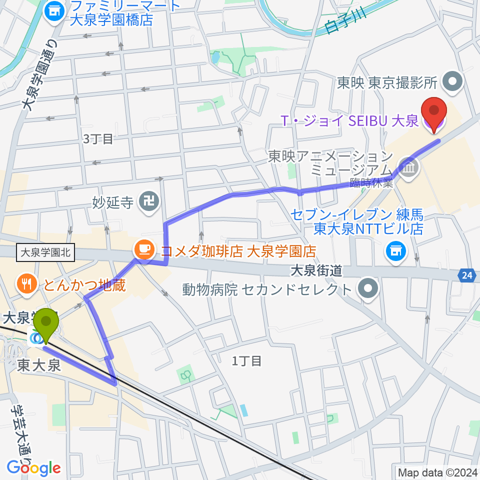 T・ジョイSEIBU大泉の最寄駅大泉学園駅からの徒歩ルート（約14分）地図