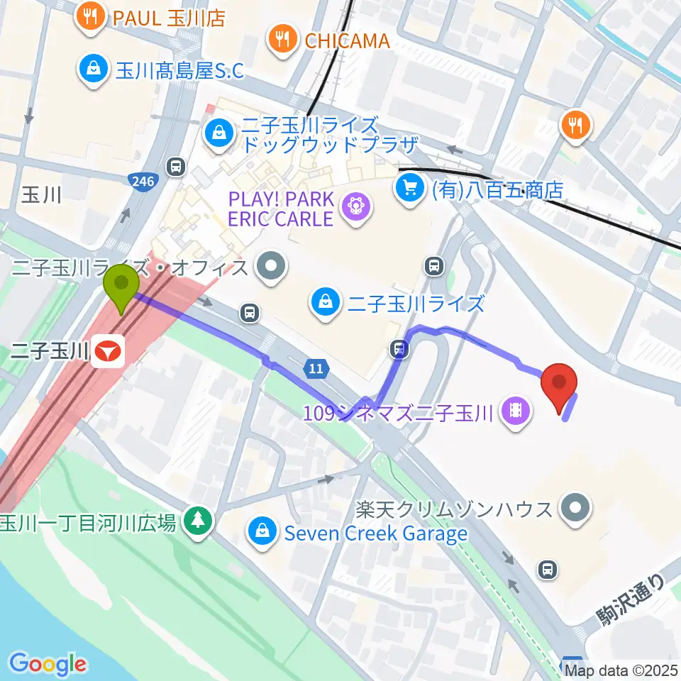 109シネマズ二子玉川の最寄駅二子玉川駅からの徒歩ルート（約5分）地図