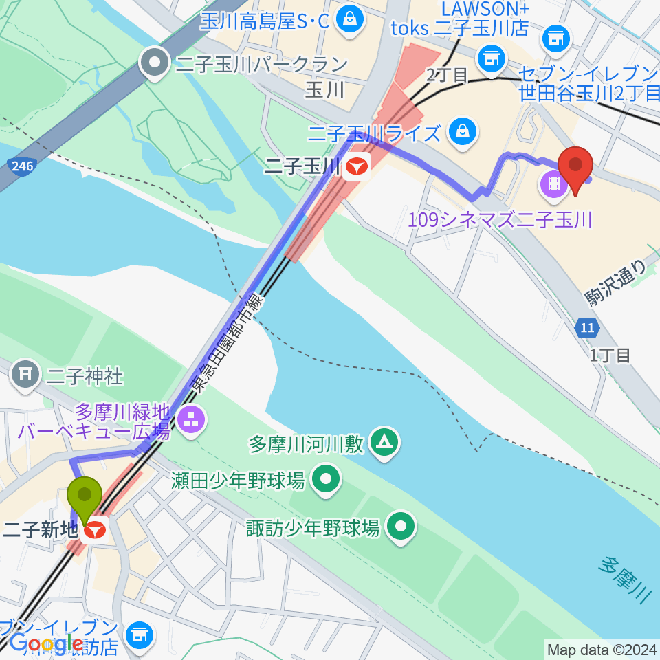 二子新地駅から109シネマズ二子玉川へのルートマップ地図