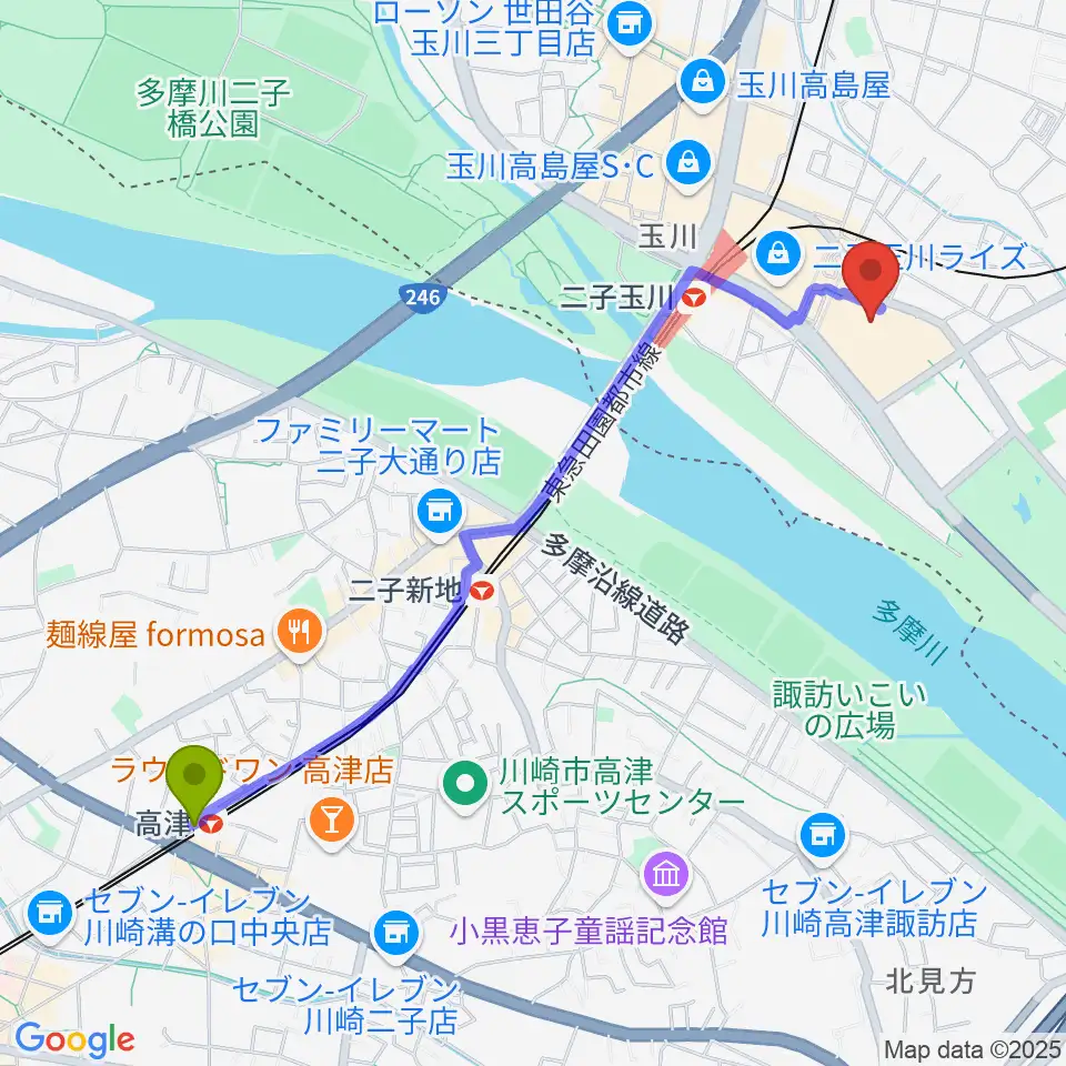 高津駅から109シネマズ二子玉川へのルートマップ地図