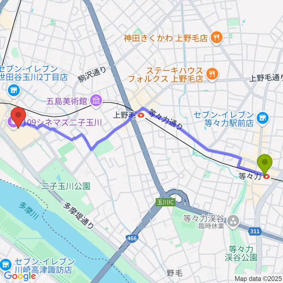 等々力駅から109シネマズ二子玉川へのルートマップ地図