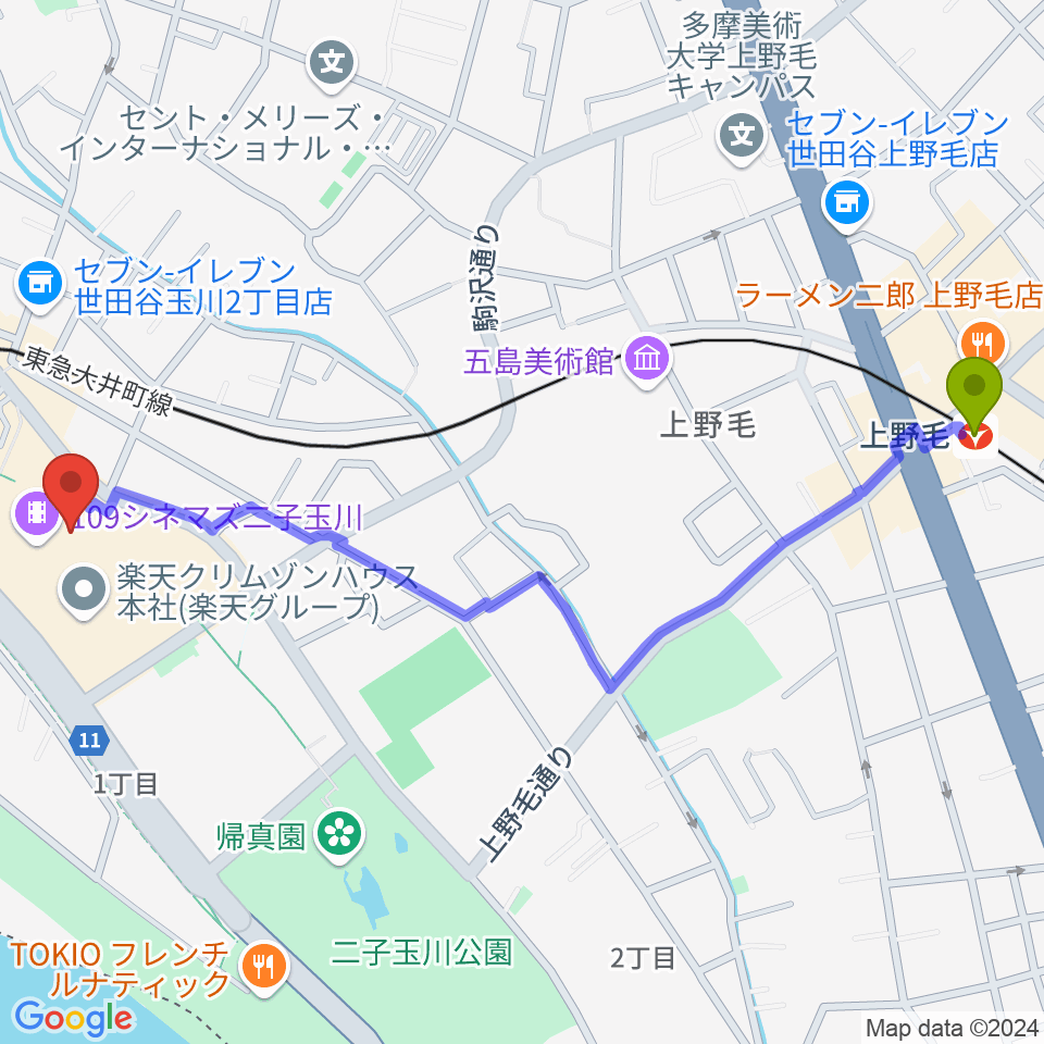 上野毛駅から109シネマズ二子玉川へのルートマップ地図