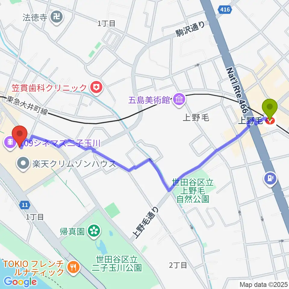 上野毛駅から109シネマズ二子玉川へのルートマップ地図